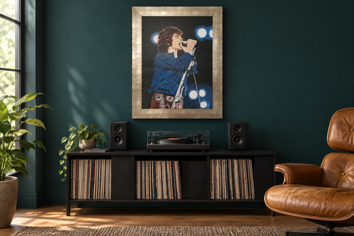 Digital approximate-scale illustration of the Jim Morrison painting above a record cabinet in a dark teal listening room; not a condition photograph.