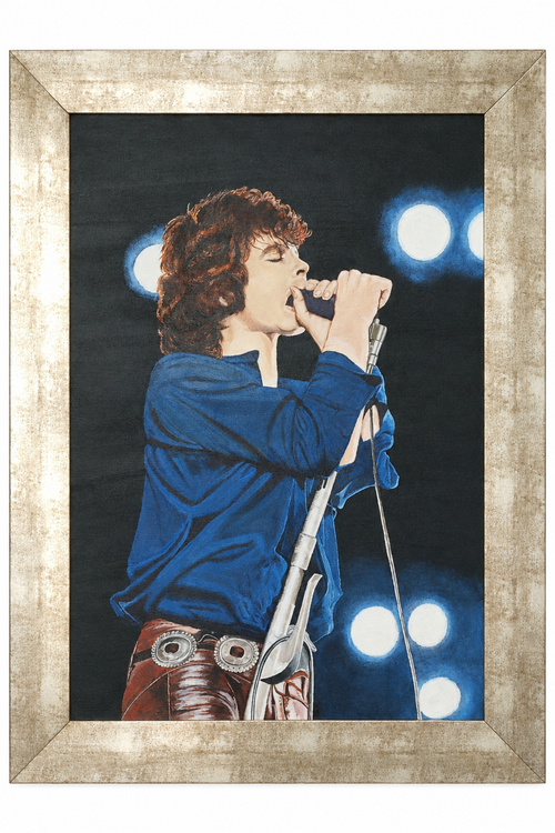 Digital white-background presentation of a framed oil portrait of Jim Morrison singing at a microphone, by an unidentified artist.