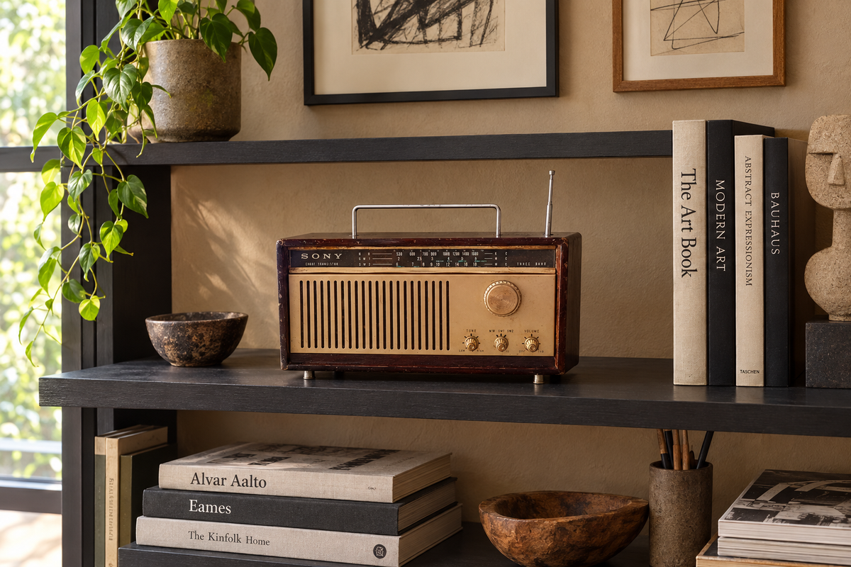 Digital private design collector-study illustration of Sony TR-835 radio at approximate tabletop scale