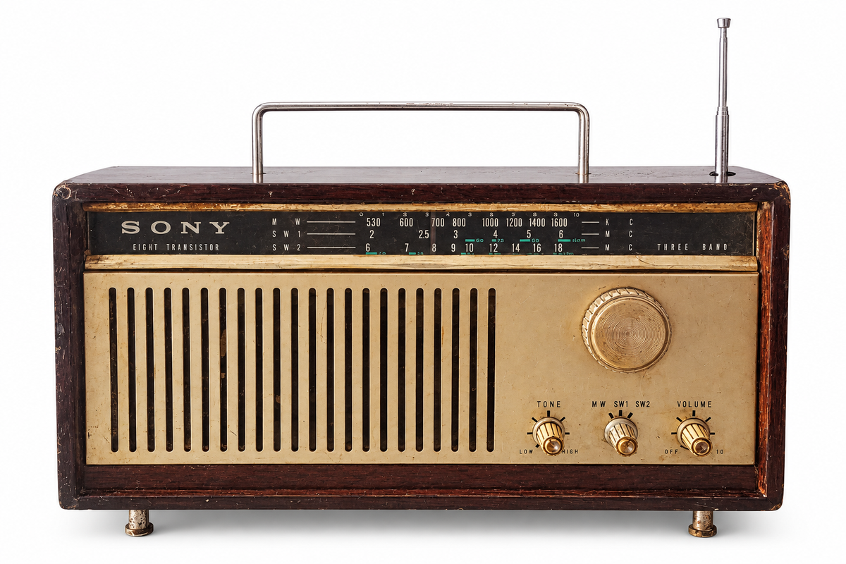 Digital white-background presentation of vintage Sony TR-835 radio